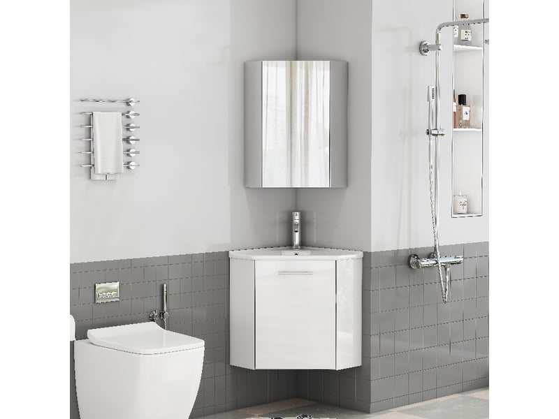  Meuble salle de bain d'angle blanc brillant avec lavabo en céramique et miroir, 41.5x41.5x50cm  - Conforama B