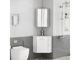 Meuble salle de bain d'angle blanc brillant avec lavabo en céramique et miroir, 41.5x41.5x50cm