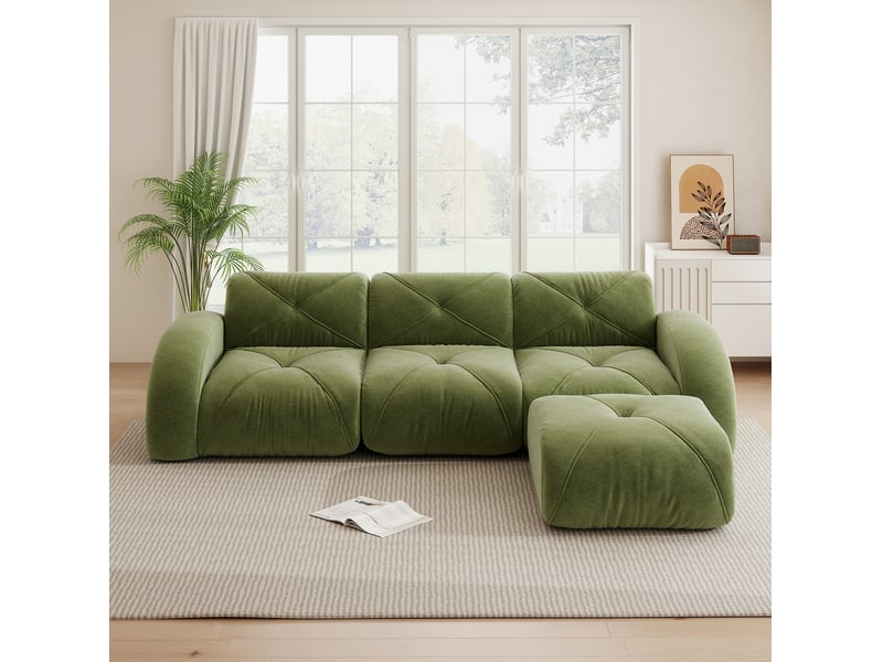  Canapé modulaire 3 places avec repose-pieds en chenille vert  - Conforama C
