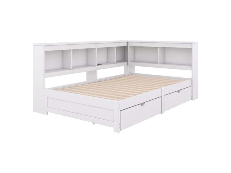  Lit banquette 90 × 200 cm, 6 niches, 2 tiroirs, 2 prises et 2 ports usb, structure en panneaux, sommier à lattes, blanc  - Conforama A