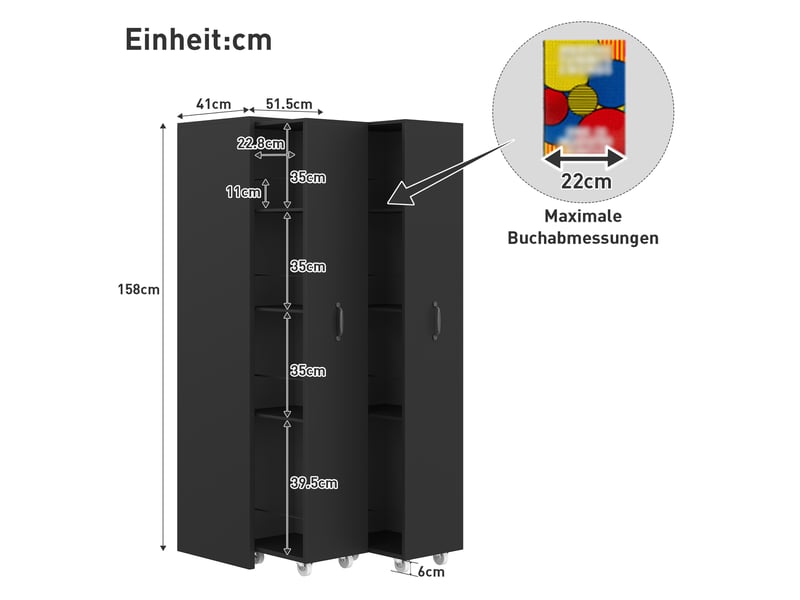  Bibliothèque coulissante - 51.5x41x158cm - meuble de rangement extensible à roulettes, 4 niveaux - noir  - Conforama E