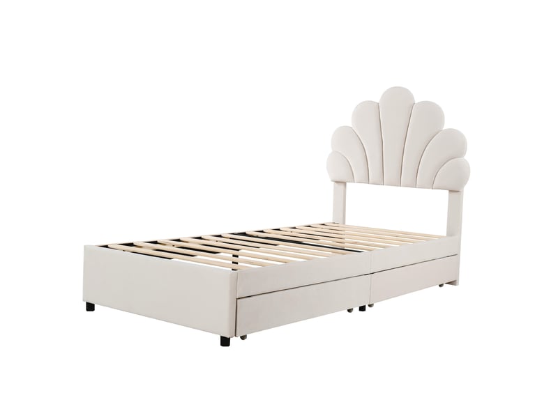  Lit enfant 90x200 cm en velours beige, tête de lit fleurie, 2 rangements et sommier à lattes  - Conforama D