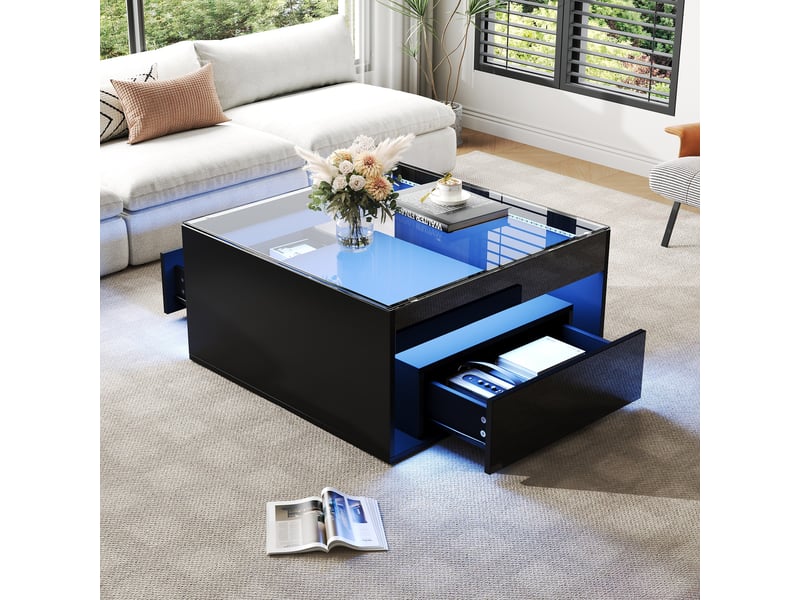  Table basse noire avec led 70x70 cm, table de salon carrée en verre trempé avec 2 tiroirs et rangement central  - Conforama E