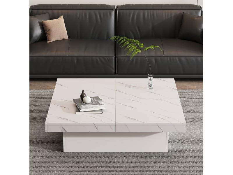  Table basse carrée 90 x 90 x 25 cm plateau coulissant effet marbre 4 tiroirs charge 30 kg panneaux particules blanc  - Conforama W