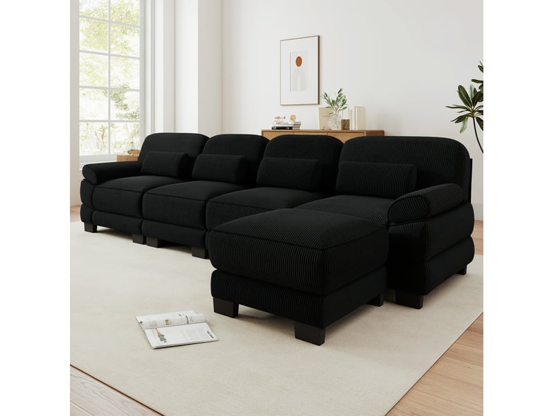 Canapé modulaire en l 4 places 336x161x94 cm avec pouf, assise profonde, design ergonomique, velours côtelé noir - Conforama B