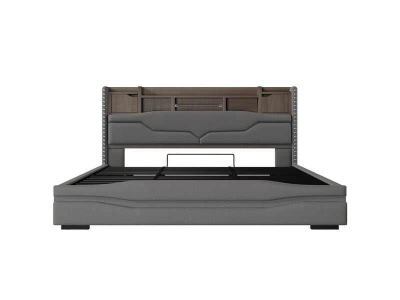  Lit coffre 180 × 200 cm, lin, sommier à lattes, led sous le lit, tête de lit avec rangement, ports usb et usb-c, gris  - Conforama A