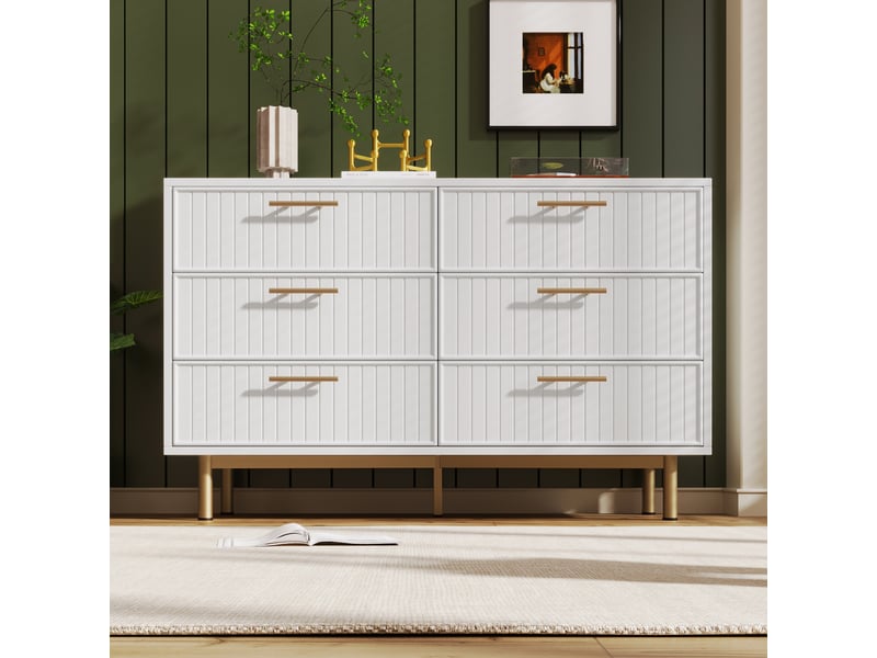  Commode finition côtes avec 6 tiroirs et étagères réglables, en panneaux de particules, blanc, 120 × 40 × 75.5 cm  - Conforama D