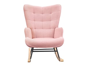 Fauteuil à bascule 68x78x98 cm - fauteuil en tissu bouclette peluche, dossier haut capitonné et pieds bois - rose