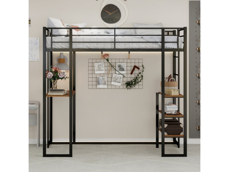 Lit mezzanine 90x190 cm, lit enfant avec bureau, étagères ouvertes, en métal noir, sans matelas - Conforama B