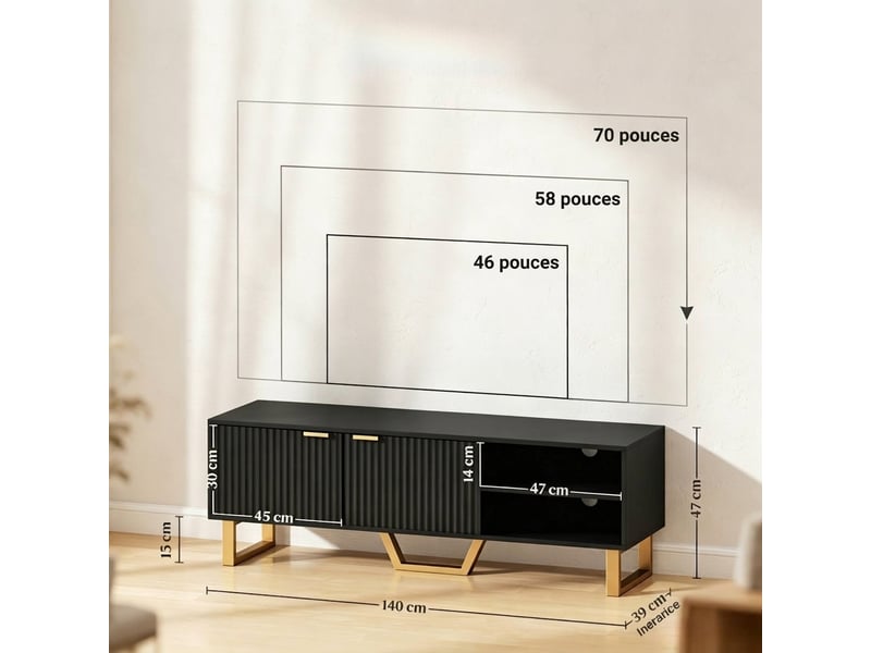  Meuble tv noir 140 cm avec 2 portes nervurées et rangement multimédia, pour tv jusqu'à 70 pouces  - Conforama C