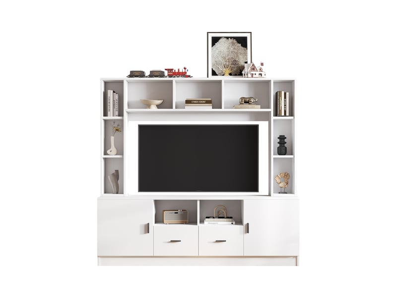  Meuble tv blanc, ensemble meuble tv mural avec 11 niches, 2 placards et 2 tiroirs, pour téléviseur jusqu'à 60 pouces  - Conforama A