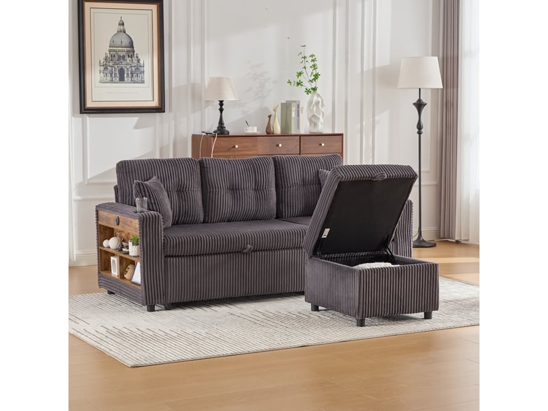  Canapé 3 places 196x82–144x85cm coussins douillets lumières led prise usb‑c intégrée velours côtelé gris foncé  - Conforama D