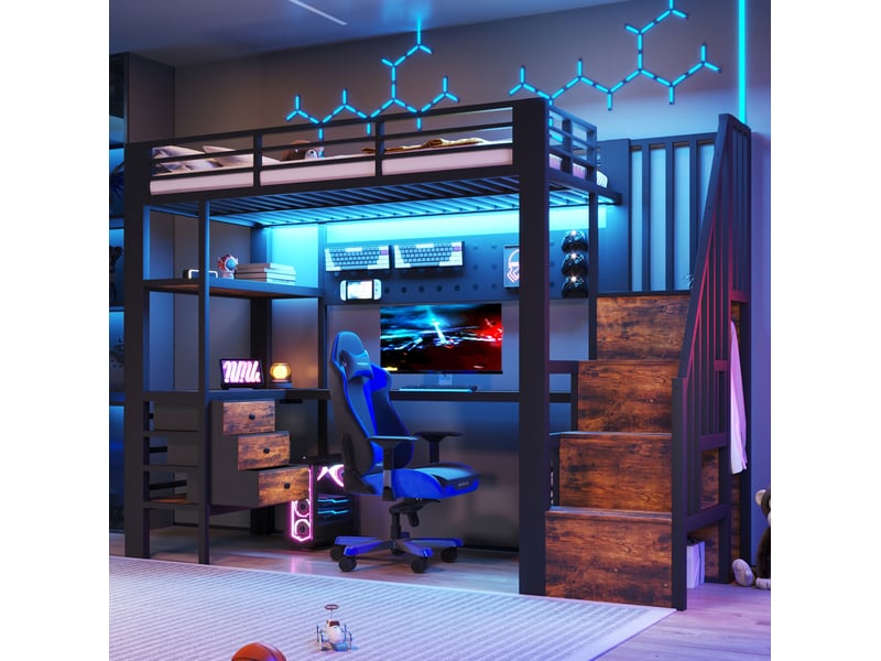  Lit mezzanine 90x200 cm noir en métal et mdf avec bureau, rangements et led  - Conforama D