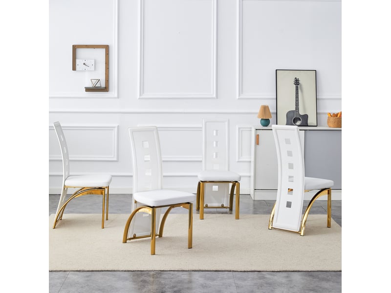  Lot de 4 chaises de salle à manger 43x49x102,5 cm motif géométrique métal polyuréthane (pu) blanc mat et doré  - Conforama B