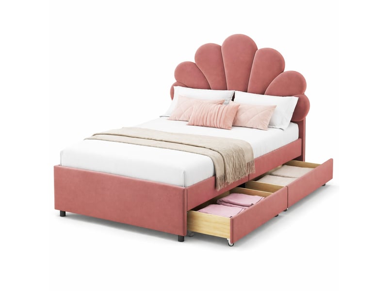  Lit enfant, lit simple 90x200 cm en velours rose avec 2 tiroirs et dossier à pétales, sans matelas  - Conforama A