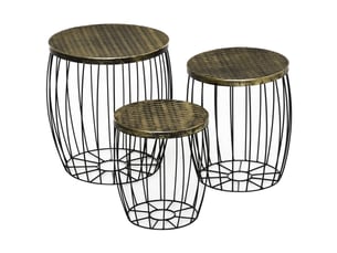Ensemble de 3 tables d'appoint empilables pour jardin, style industriel, en métal avec plateau imitation rotin noir.