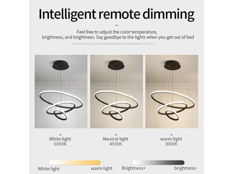  Suspension led noire à 3 anneaux dimmables pour table à manger (54 w) | luminaire suspendu réglable en hauteur avec télécommande  - Conforama D