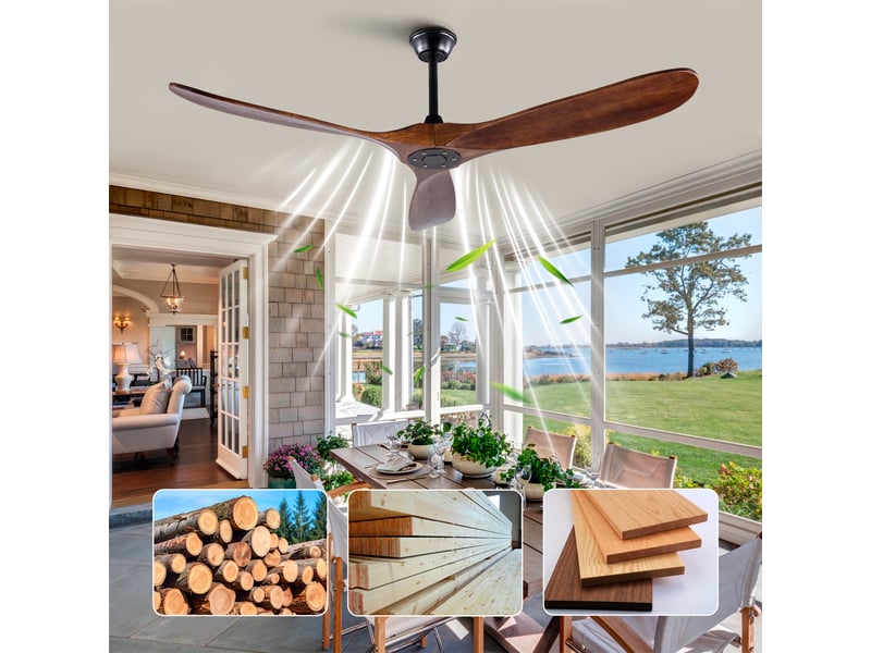  Ventilateur de plafond 152 cm sans éclairage, pales en bois, moteur dc silencieux, télécommande, réversible, pour intérieurextérieur couvert  - Conforama D