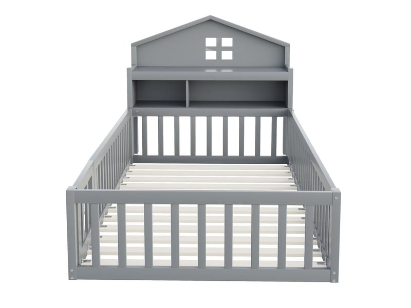 Lit enfant en bois massif 90x200 cm, avec cadre maison, étagères, rangement, barrière de sécurité et porte, gris - Conforama R