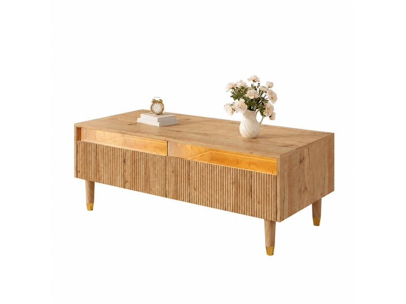  Table basse led moderne rectangulaire en mdf, 2 tiroirs, façade ondulée, pieds bois massif, bois et doré, 110 x 50 x 40  - Conforama A