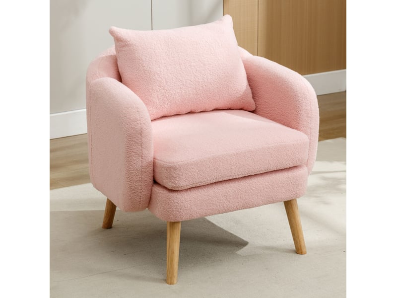  Fauteuil 71x72x79 cm, confortable et durable, accoudoirs avec coussins extra épais, pieds de soutien en bois, revêtement teddy rose  - Conforama D