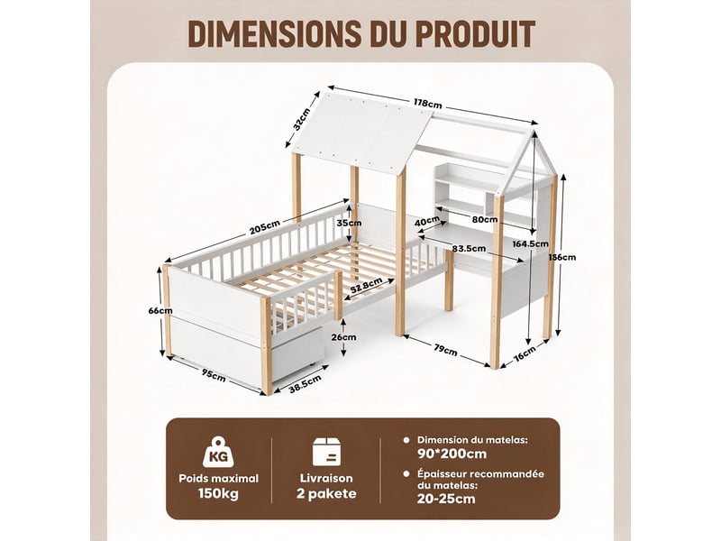 Lit cabane enfant 90x200 cm avec bureau en l, bibliothèque et tiroirs à roulettes, bois massif et mdf, blanc  - Conforama C