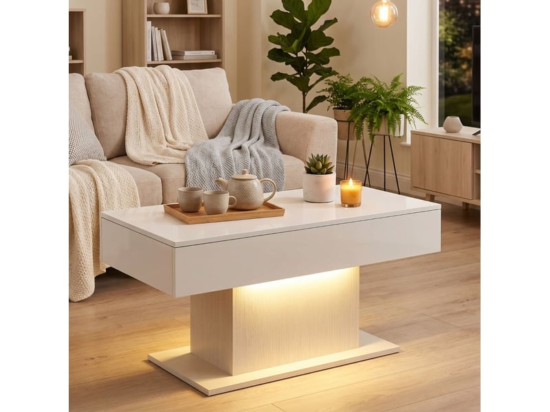  Table basse led avec rangement 108x48x55 cm, 2 tiroirs, télécommande, blanc brillant  - Conforama B