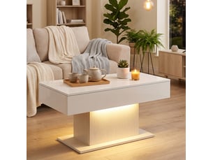 Table basse led avec rangement 108x48x55 cm, 2 tiroirs, télécommande, blanc brillant