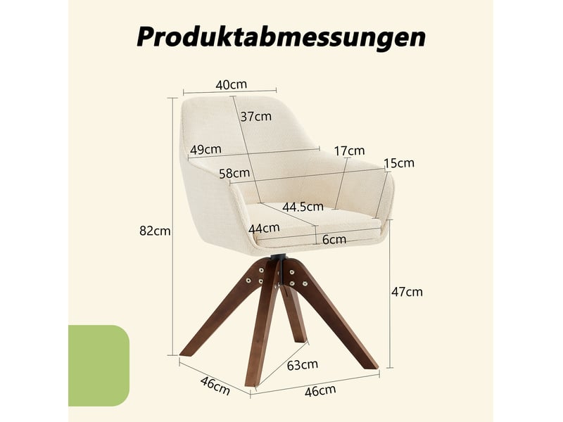 Chaise de salle à manger pivotante à 360 degrés avec accoudoirs et dossier ergonomique, en tissu crème et bois noyer  - Conforama D