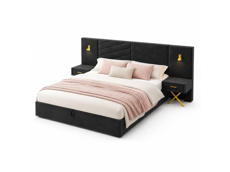 Cadre de lit avec rangement relevable noir en velours 266 x 205 x 117 cm  - Conforama A