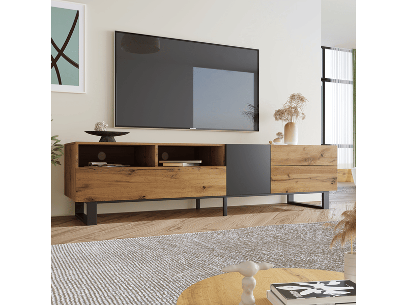  Meuble tv 180 cm design colorblock effet bois nombreux rangements pratiques  - Conforama E