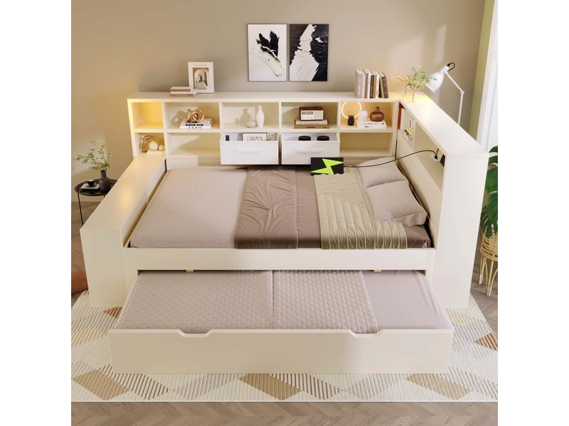  Lit avec rangement 140x190 blanc, lit en bois avec lit gigogne, 8 compartiments de rangement et ports de charge usbtype-c  - Conforama D