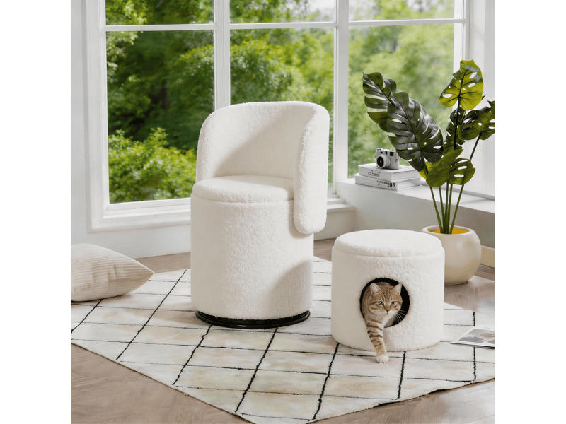  Fauteuil pivotant avec rangement en tissu teddy blanc 75 × 42 × 52 cm  - Conforama B