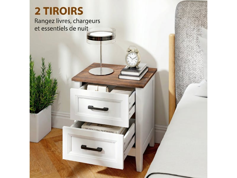  Table de chevet, table de nuit avec 2 tiroirs, plateau effet bois, style rustique, pour chambre à coucher, blanc, salon  - Conforama A