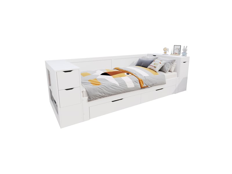 Lit enfant 90x190 cm avec tiroirs et rangements latéraux, mdf blanc - Conforama A