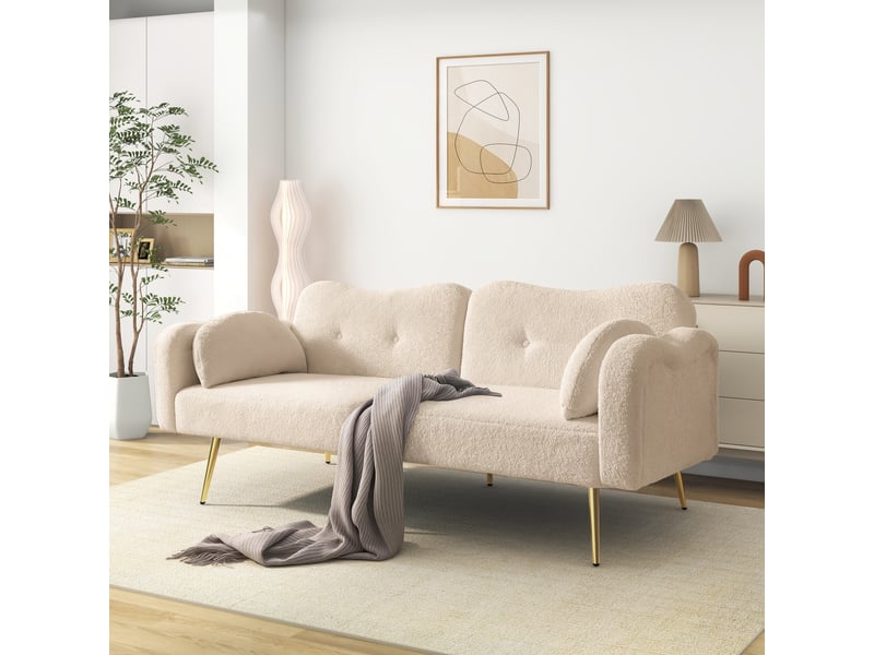  Canapé convertible 2 places 155x85,5 cm, dossier réglable 3 positions, fonction lit d'appoint, pieds métal doré, beige OMNIGLINT TRADING LTD - Conforama E
