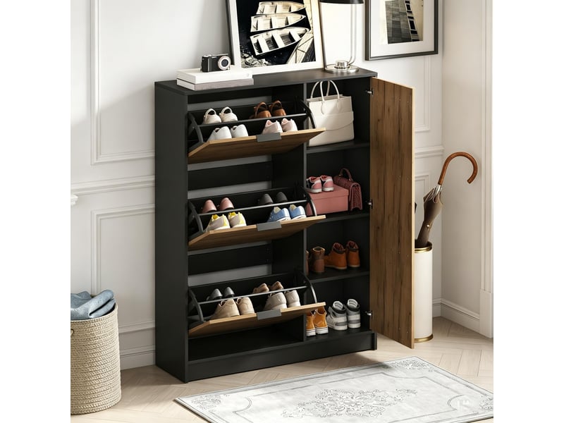  Meuble à chaussures - 100x30x130cm - 3 portes abattantes &amp; 1 placard avec étagères en mdf - bois &amp; noir  - Conforama B