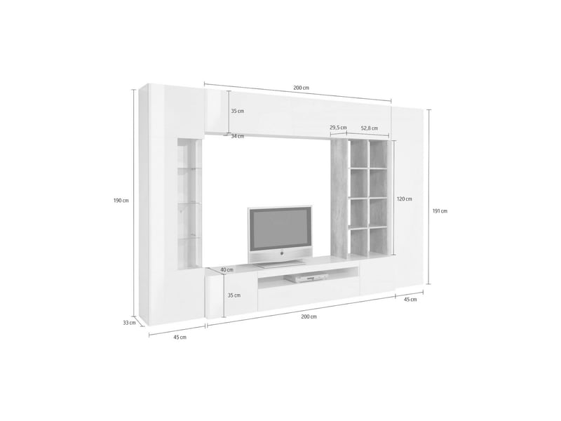 Système mural de salon, made in italy, base de meuble tv et éléments hauts et étagères, ensemble de salon moderne, 290x40h192 cm, blanc brillant et couleur ciment 638 - Conforama C