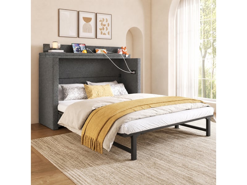  Lit escamotable 140 x 200 cm avec tiroir, ports usb et type-c, en tissu de lin gris  - Conforama B