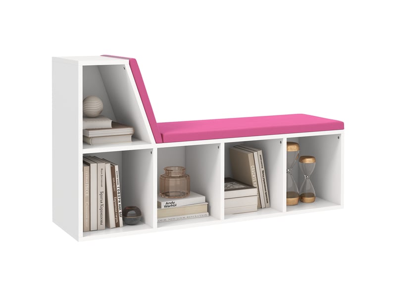 Bibliothèque banc 2 en 1 avec 5 compartiments de rangement et 2 coussins 108 x 30 x 60 cm blanc rose - Conforama A