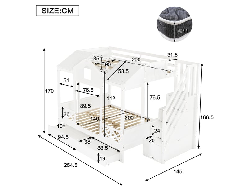  Lit superposé enfant 90×200 et 140×200 cm, 2 tiroirs et escalier rangement  - sans matelas, bois - blanc  - Conforama D