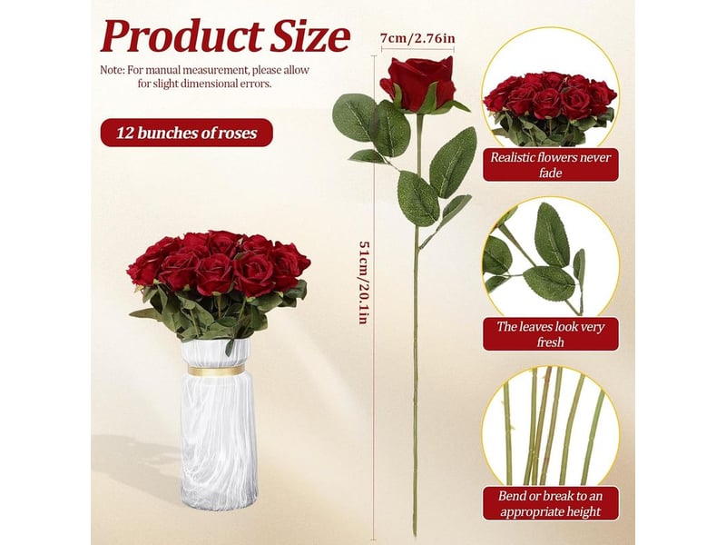  12 pièces fleurs artificielles,51 x 7 cm,tiges réglables,rose en flanelle,décoration mariage et jardin  - Conforama B
