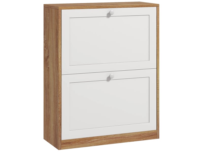  Meuble à chaussures étroit avec 2 portes et étagères réglables pour 12 paires de chaussures en bois naturel et blanc  - Conforama A