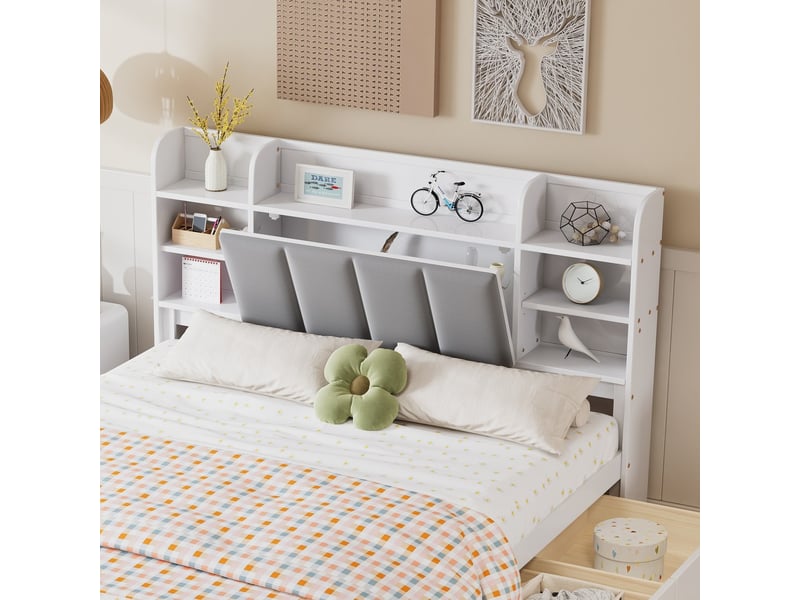  Lit 160x200 cm avec rangement, étagère, 3 tiroirs à roulettes, porte rabattable, cadre en pin, blanc et gris  - Conforama D
