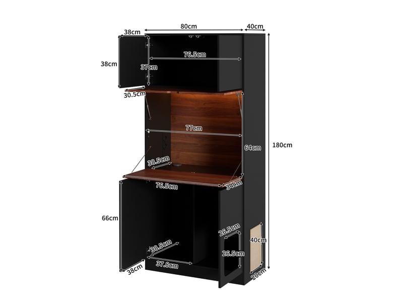  Secrétaire bureau 80 x 40 x 180 cm noir antique, bureau rabattable, led, étagères, niche pour animal et panneau à griffer, pour bureau à domicile  - Conforama D