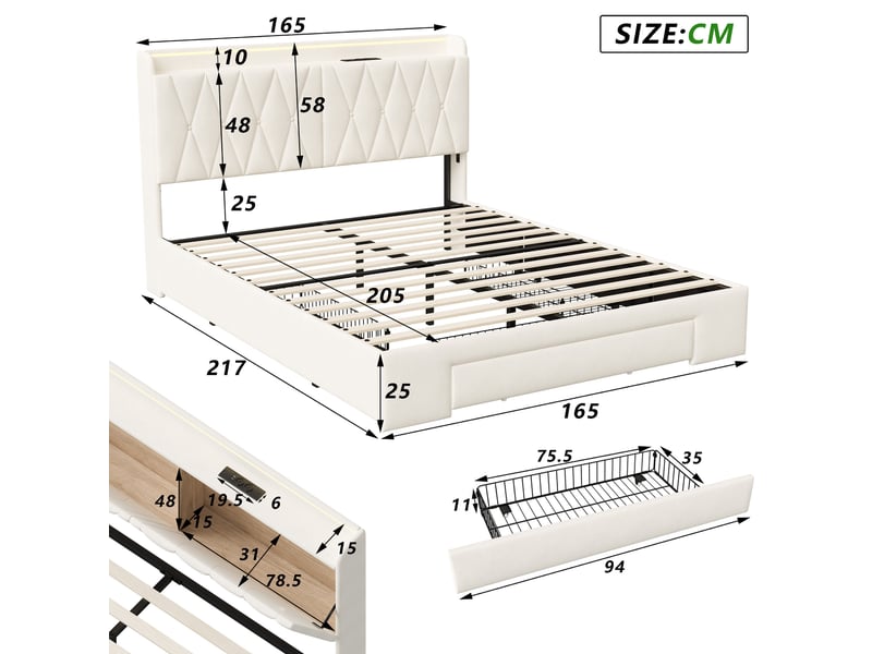Lit adult 160 x 200 avec sommier led et usb, lit double capitonné avec 3 tiroirs, lit 2 places avec sommier à lattes, velours - Conforama C