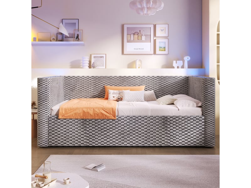  Lit de jour 90 x 200 cm avec sommier à lattes, sans matelas, led, coffre hydraulique, velours gris  - Conforama C