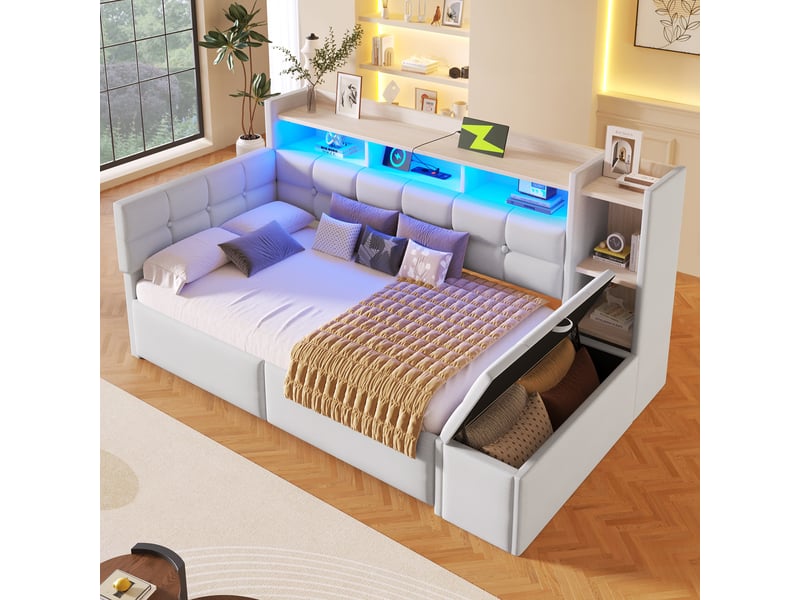  Lit avec rangement rembourré 90x190 cm coloris blanc led velours lit adulte blanc - Conforama E