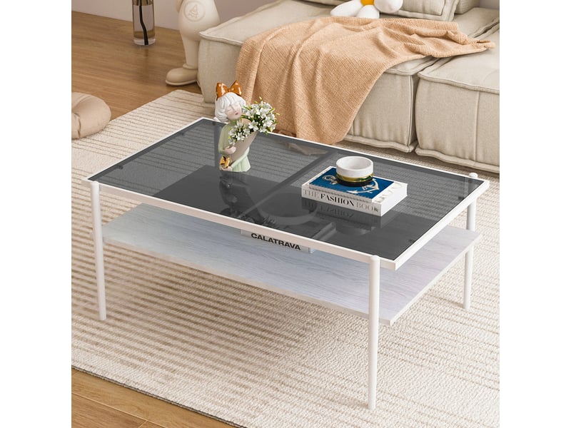  Table basse rectangulaire 97.5 x 61.5 cm en verre trempé gris et blanc  - Conforama B
