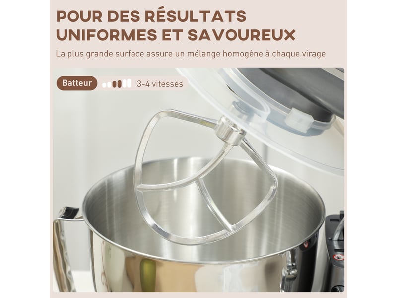 Robot pâtissier 1300 w, robot pétrin professionnel 4,5 l, bol d'acier inoxydable, argent, 6+p vitesses et pulse - Conforama R
